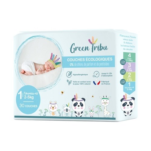 GREEN TRIBU COUCHES ÉCOLOGIQUES HYPOALLERGÉNIQUES POUR BÉBÉ TAILLE 1(2 À 5 KG) 30 COUCHES