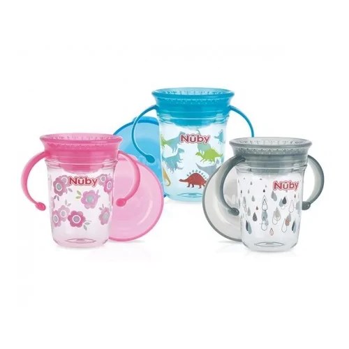 NUBY Gobelet anti-goutte Magic 360° imprimé en Tritan à Anses et couverle 240ml  +6mois -NV0414019