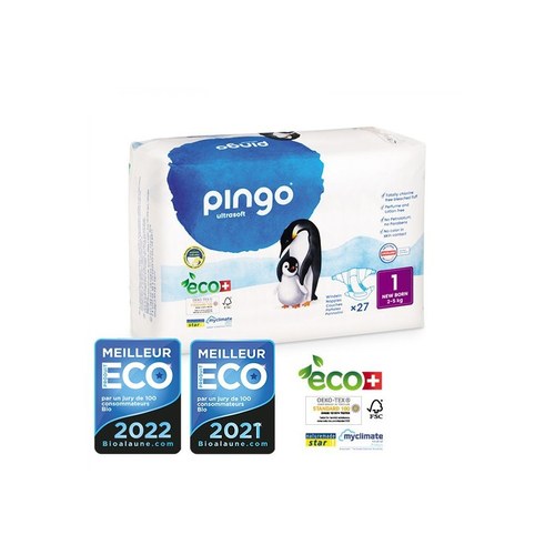 PINGO COUCHES ÉCOLOGIQUES JETABLES  TAILLE 1 - 27 COUCHES + PINGO LINGETTES PAQUET DE 80 Offerte