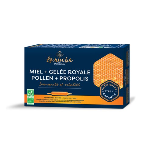 DIETAROMA MERVEILLES DE LA RUCHE BIO (gelée royale bio, propolis bio, pollen bio et miel bio) 20 ampoules de 15 ml