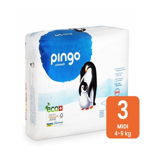 PINGO COUCHES ÉCOLOGIQUES JETABLES MIDI TAILLE 3 (4-9KG) 44 COUCHES Achete + PINGO LINGETTES PAQUET DE 80 OFFERTE