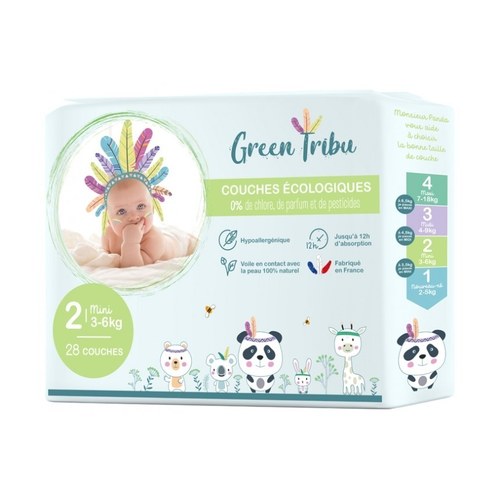GREEN TRIBU COUCHES ÉCOLOGIQUES HYPOALLERGÉNIQUES POUR BÉBÉ TAILLE 2 (3 À 6 KG)